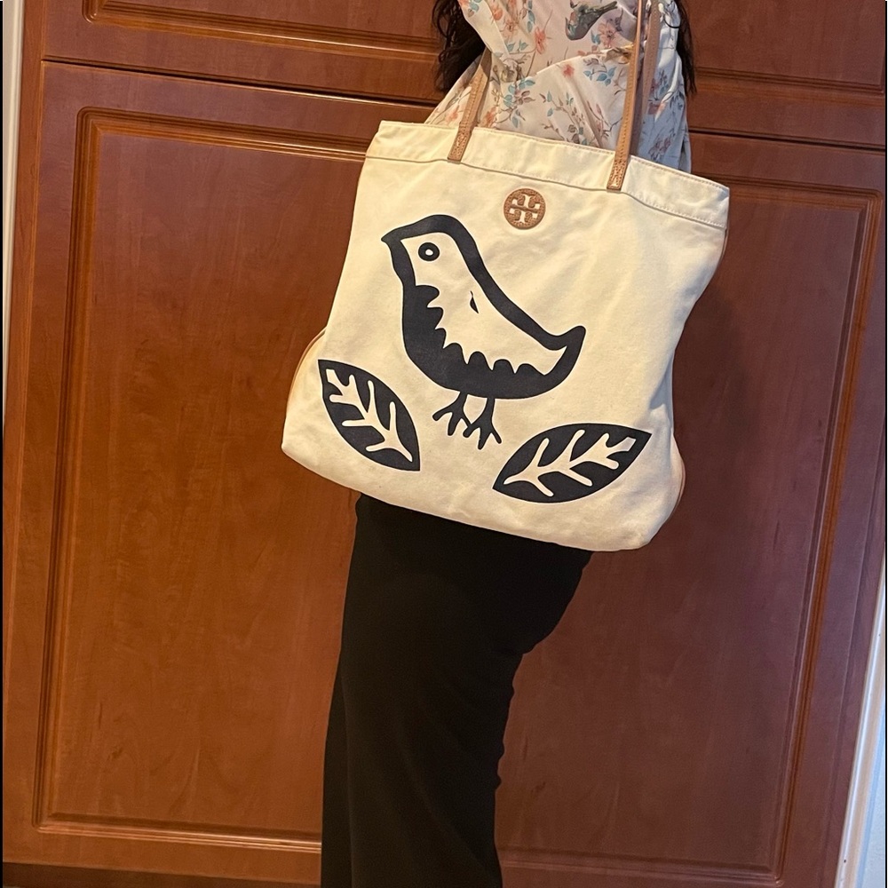 Tory Burch Lorenzo Blue Bird Canvas Tote